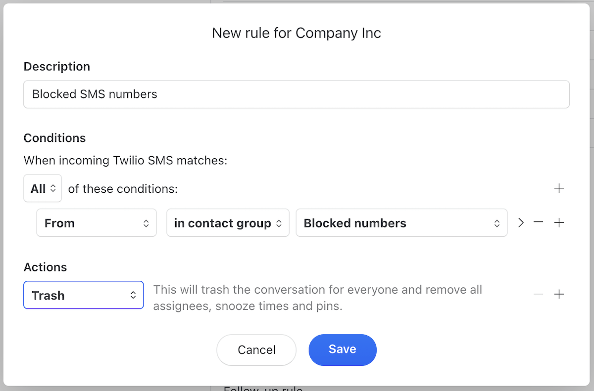 Rule to block SMS number