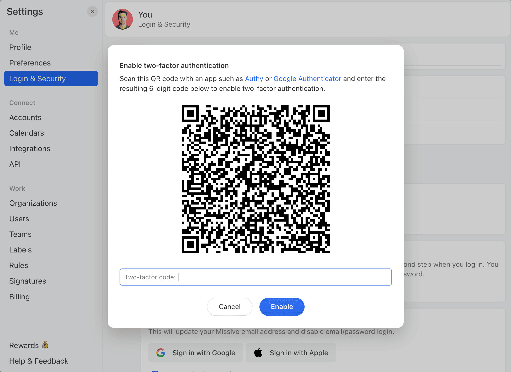 Screenshot of Missive's two-factor authentication QR code