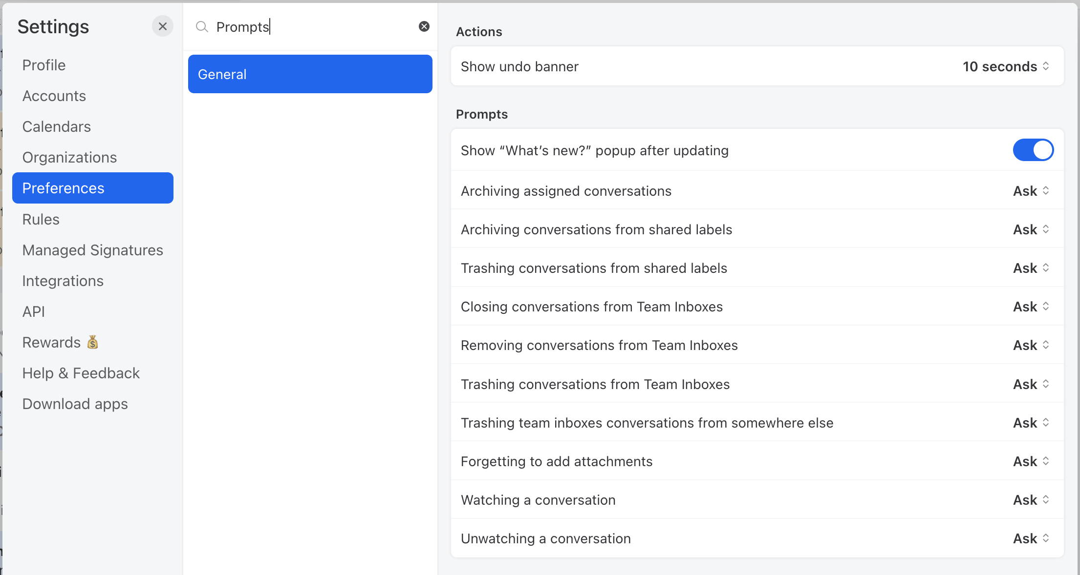 Prompts settings in missive app