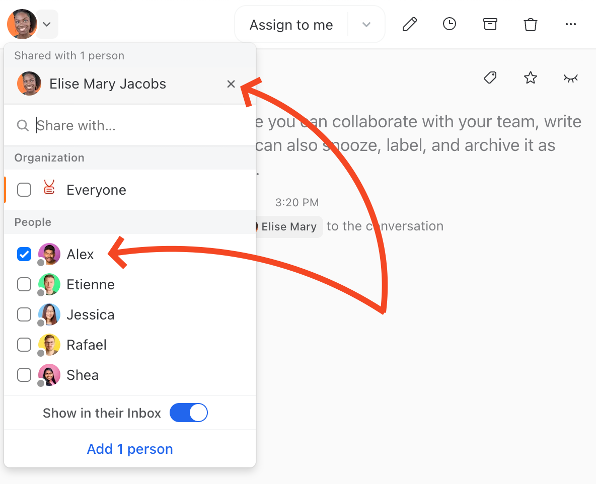 Screenshot showing how to add or remove users from a conversation