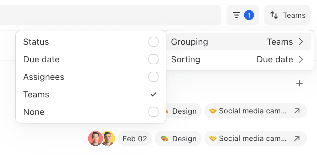 Tasks view showing filters for status, due date, assignees and teams, with tasks grouped by teams and sorted by due date