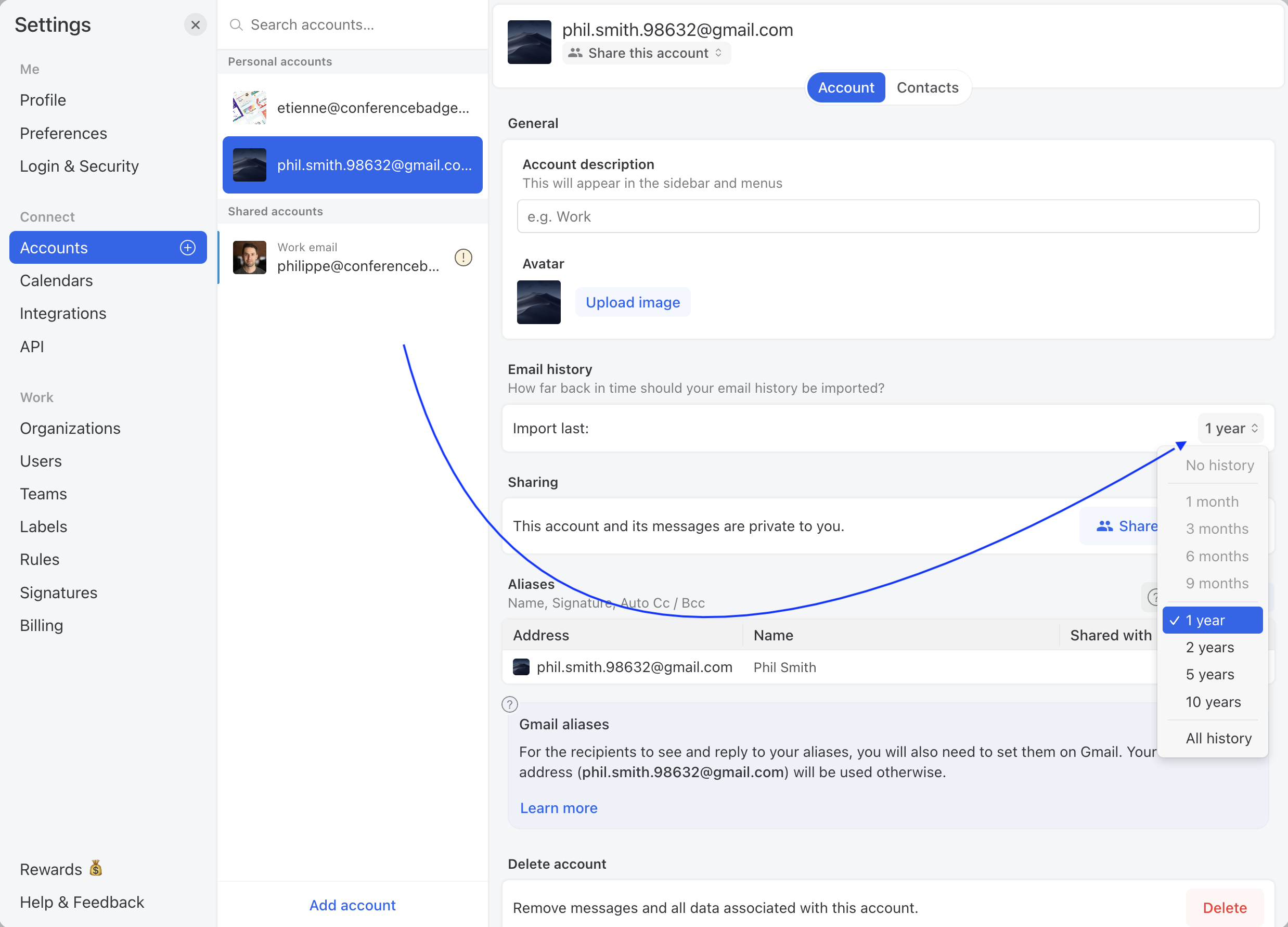 Import more email history