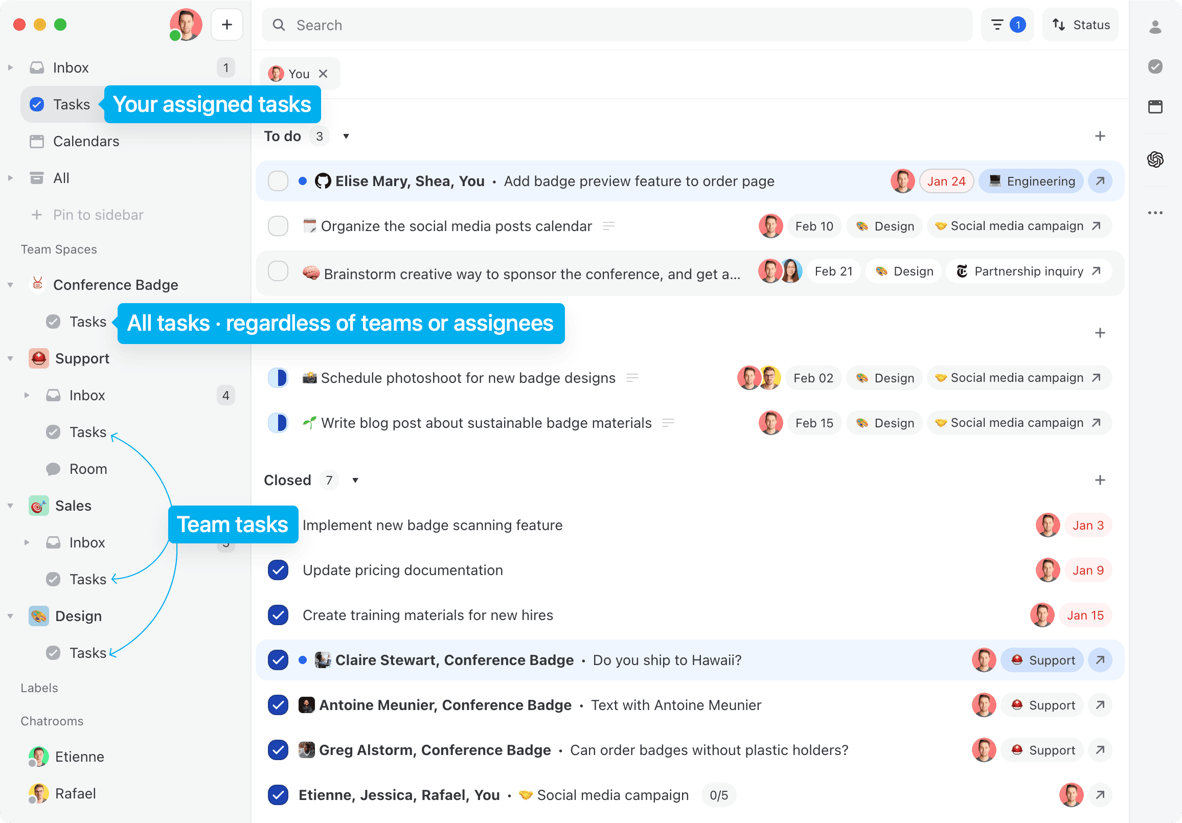 Tasks sidebar showing different task views including 'Your assigned tasks', 'All tasks - regardless of teams or assignees', and 'Team tasks' with various task items listed below
