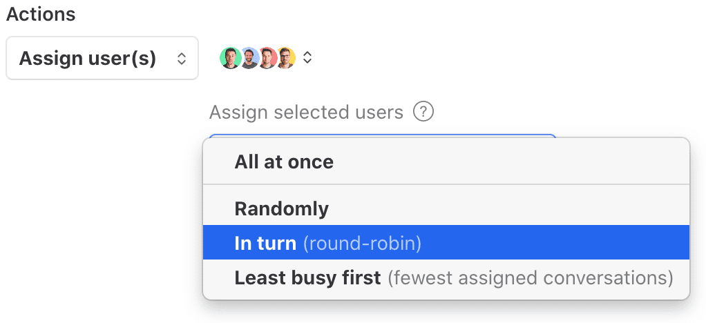 Screenshot of Missive's workload balance methods in rules