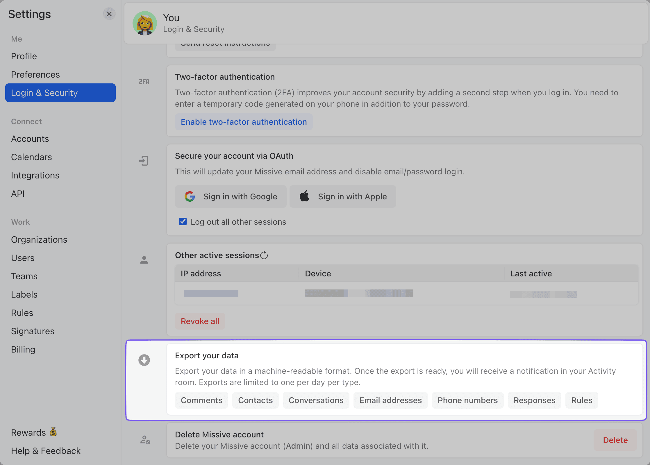Export your Missive data settings user interface