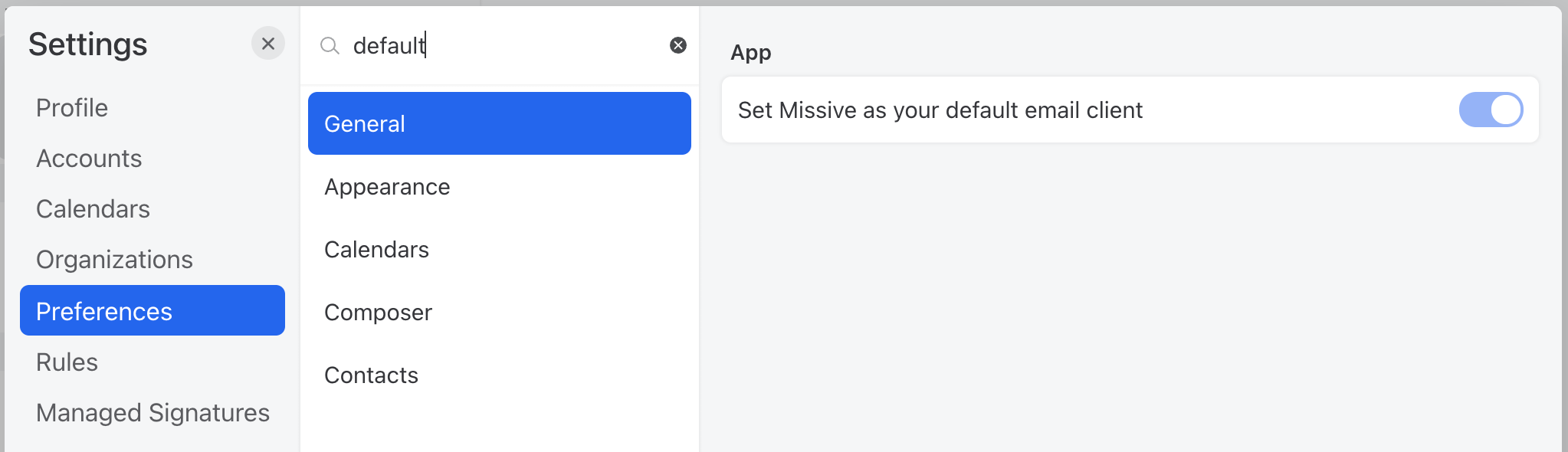 Preferences panel, default email client