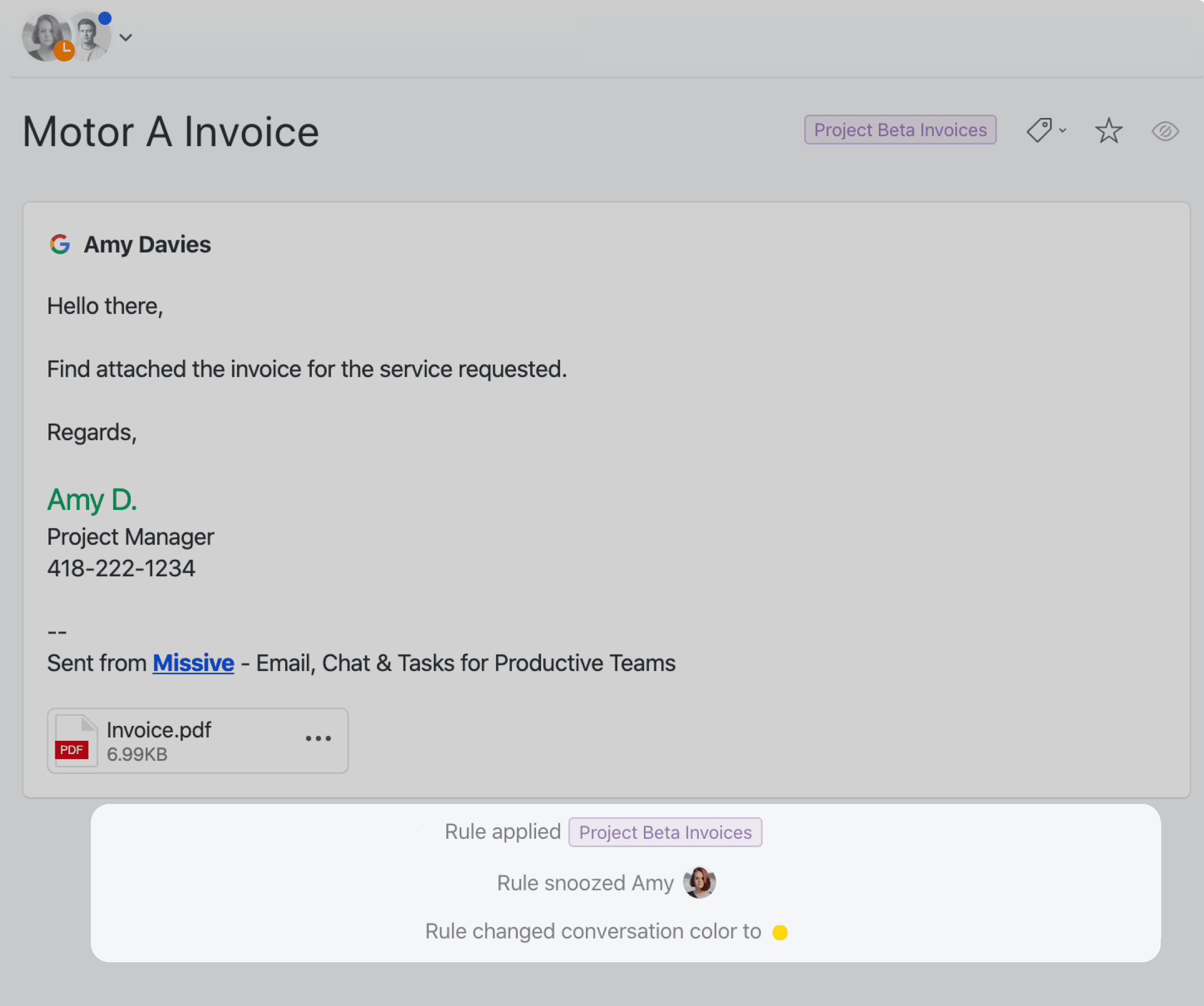 Result showing label and snooze