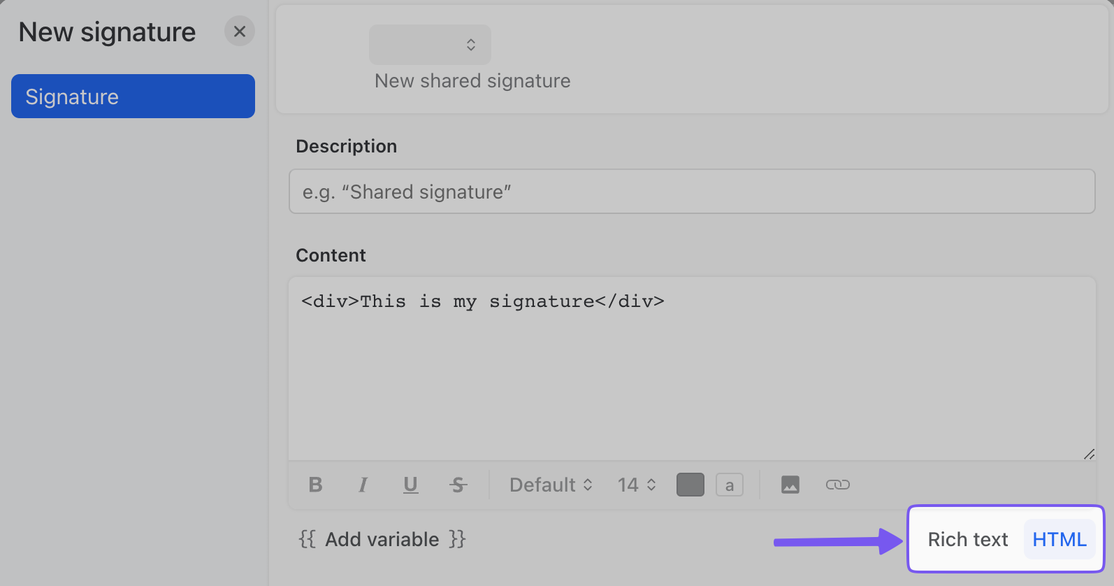 Missive Rich text vs HTML signature button highlighted