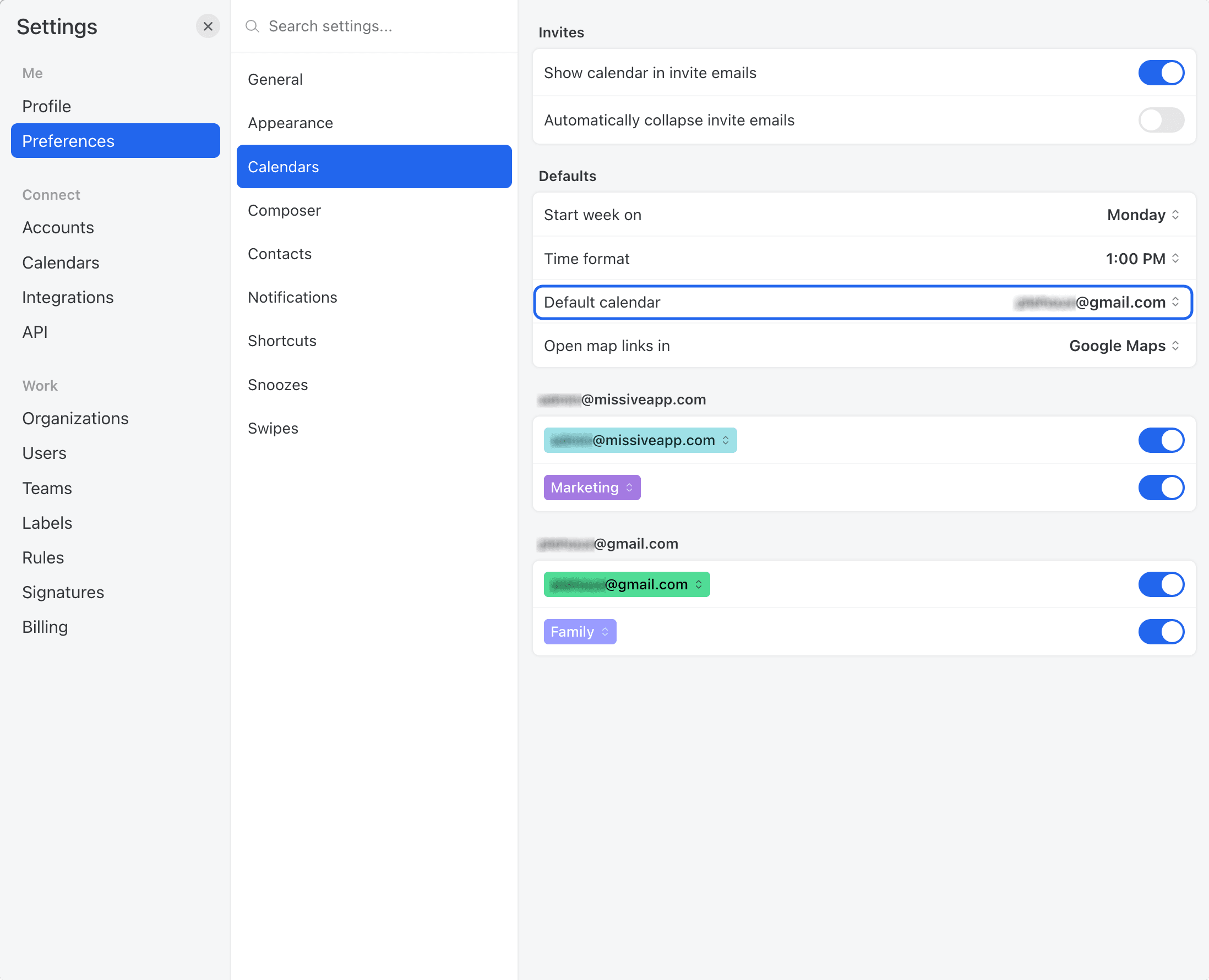 Changing the calendar's default account