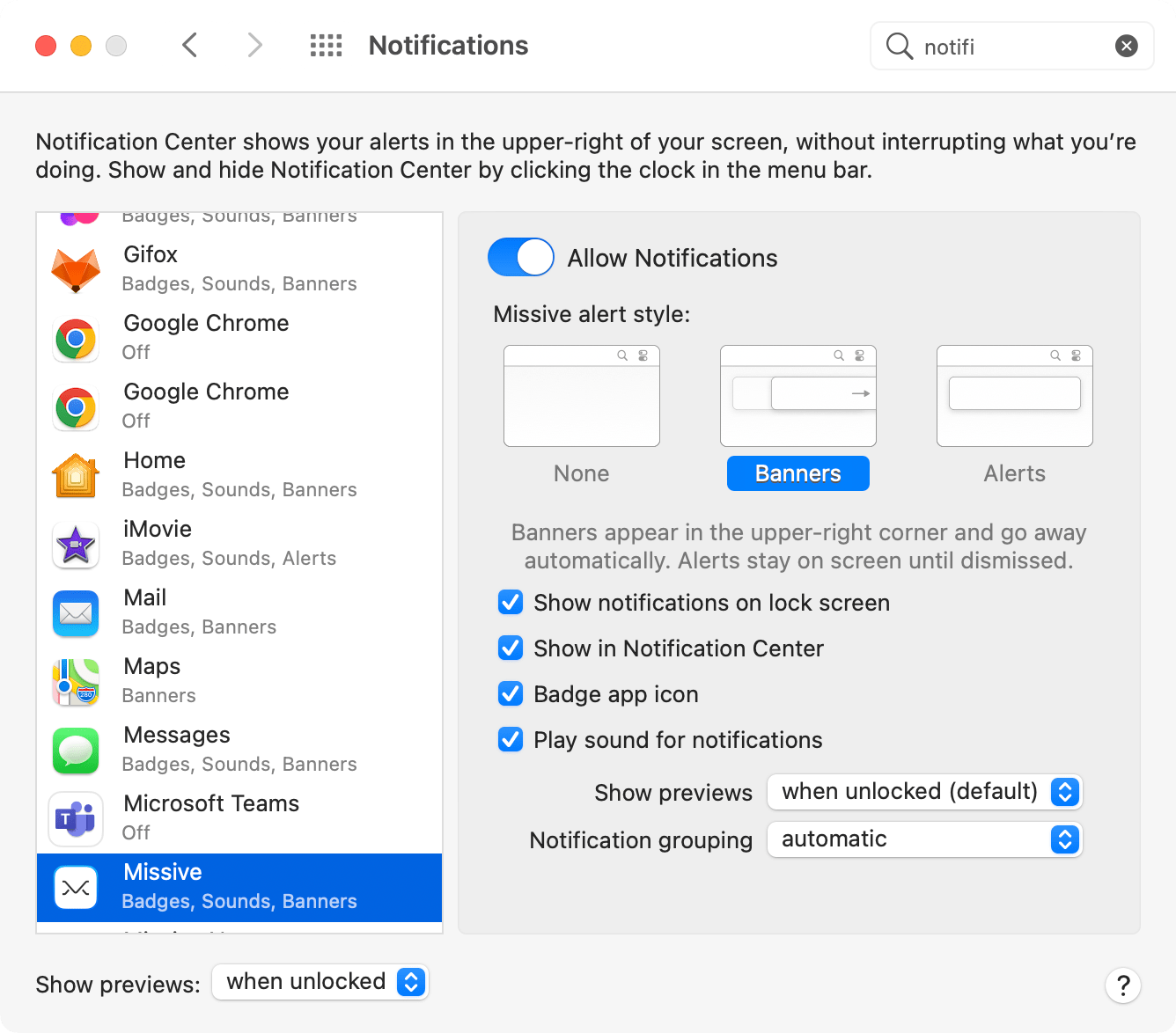 MacOS notification settings