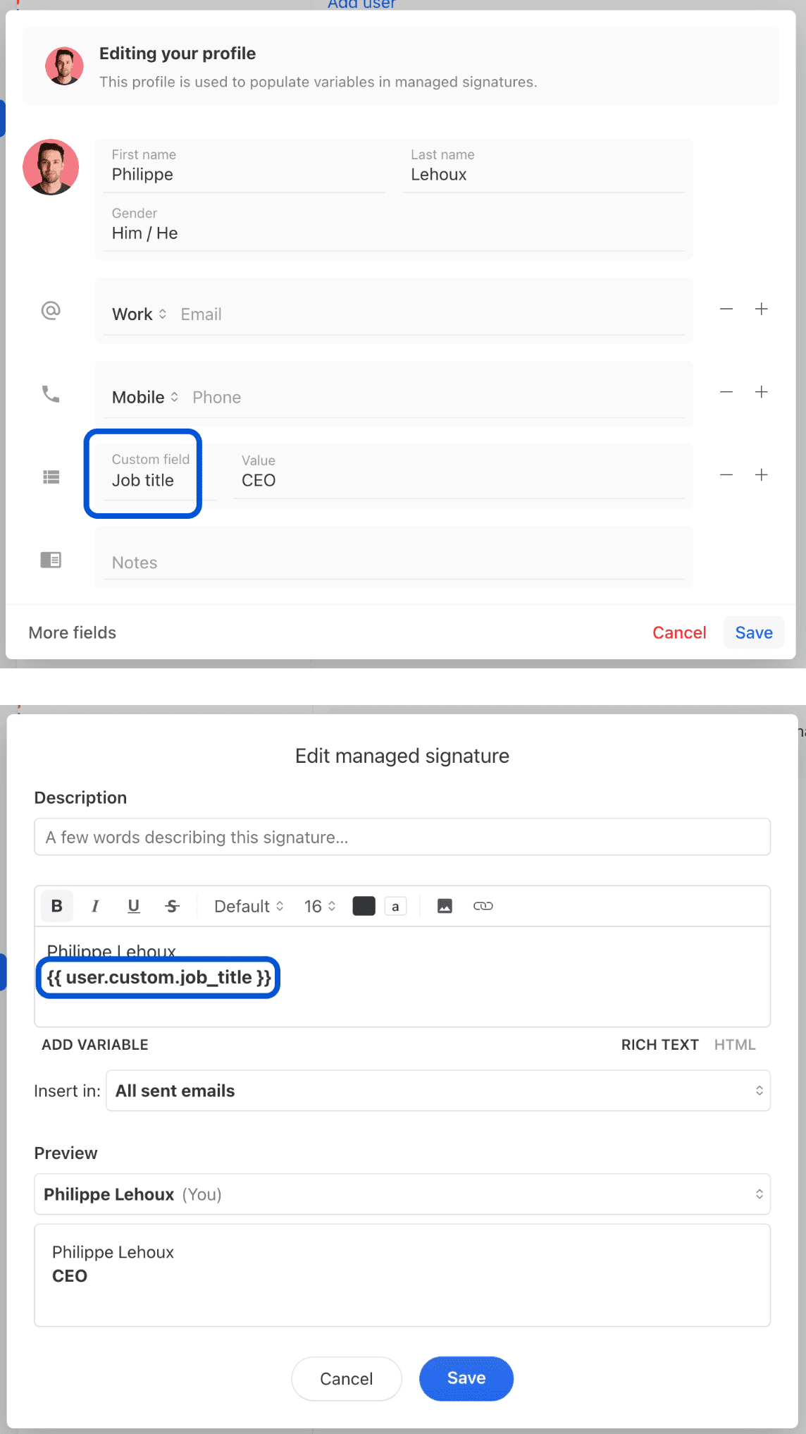 Adding a custom field to an email signature