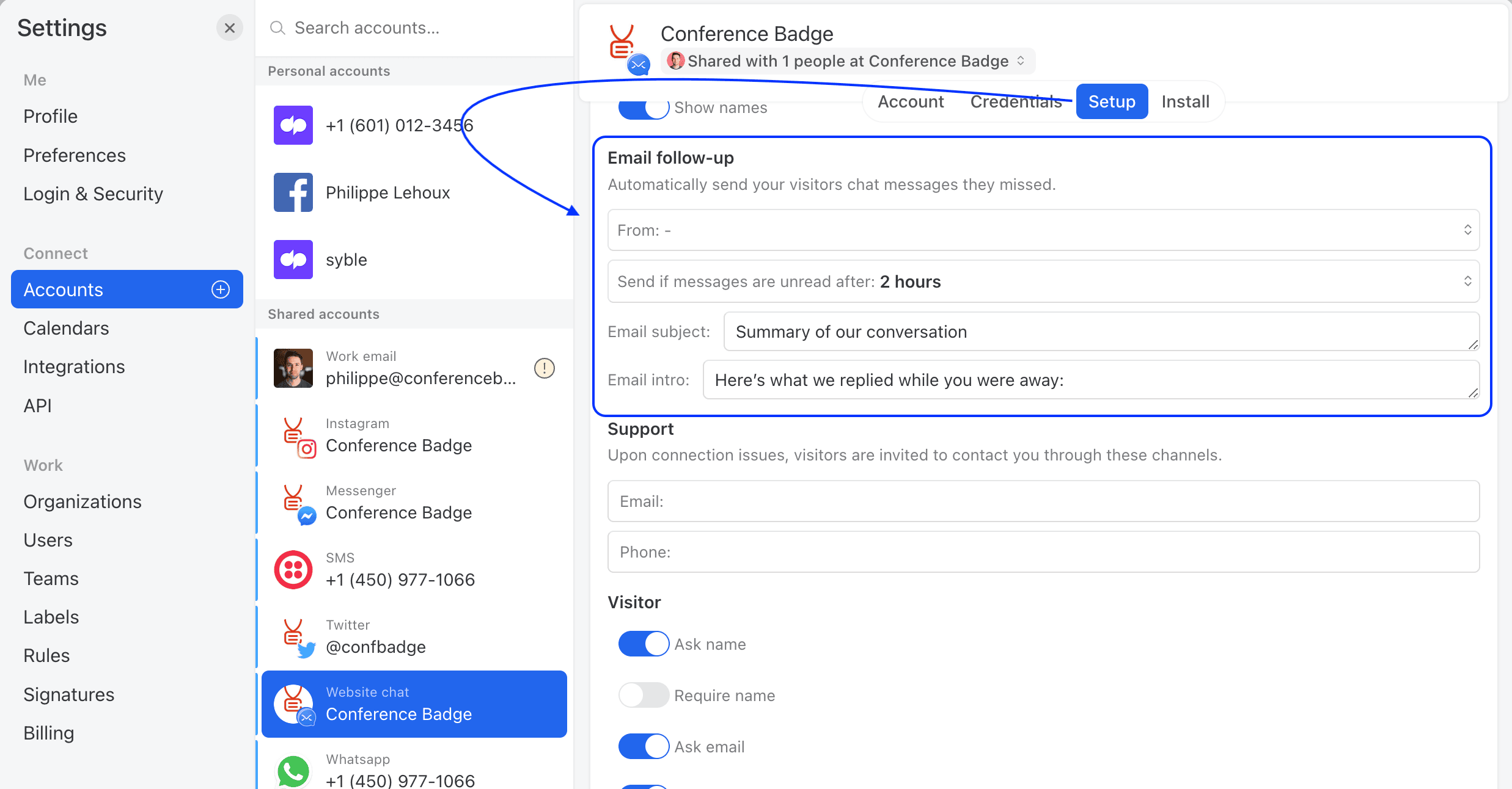 How to configure live chat email follow-up