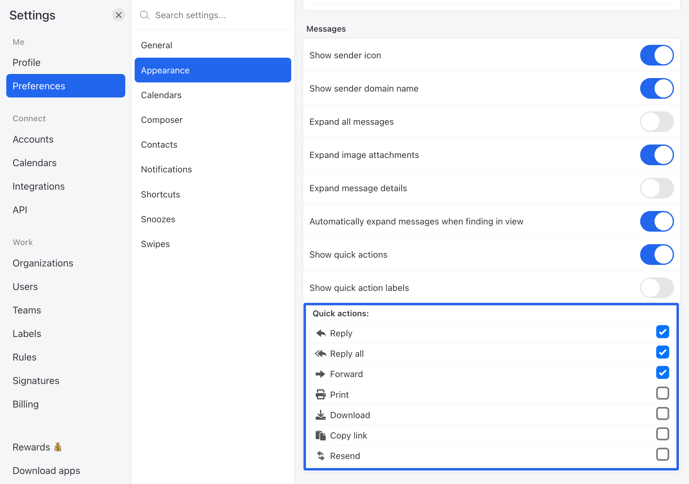 Edit email quick actions