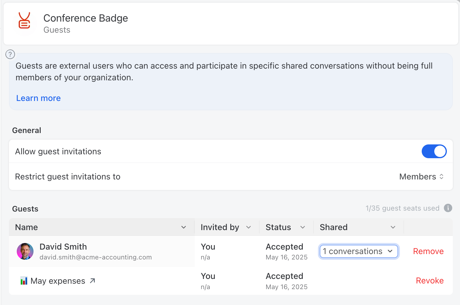 Missive's Guests settings page showing a list of guests, their conversation access, who invited them, and options to revoke access.