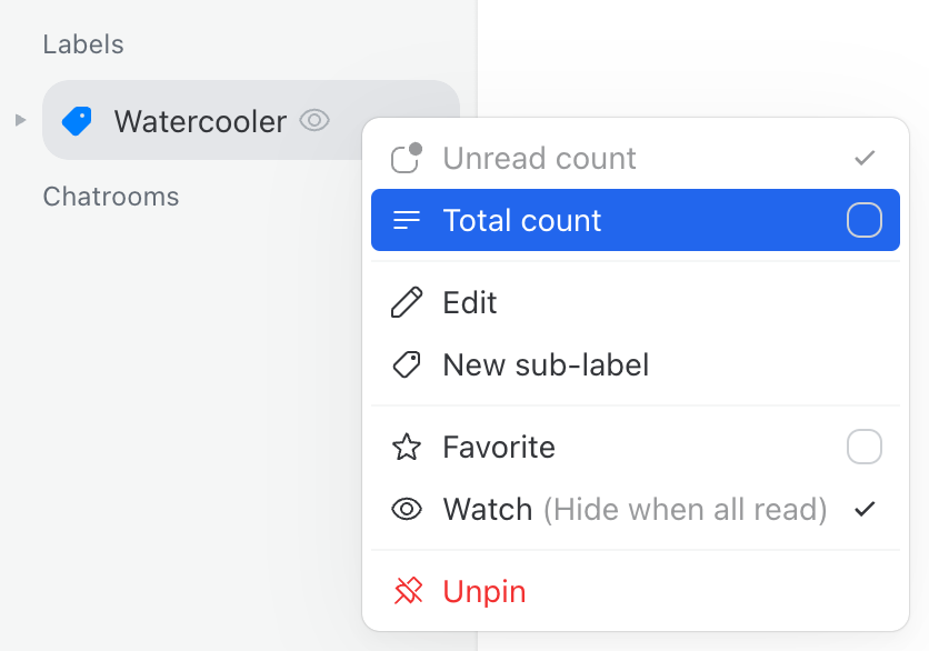 Show the unread conversation count setting on your Water cooler mailbox