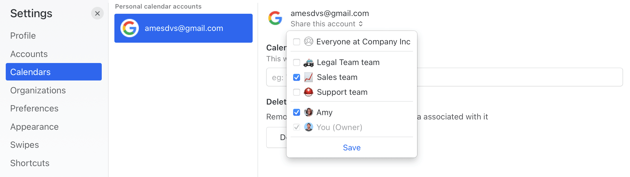 Easily share calendars with specific people, teams or the entire company
