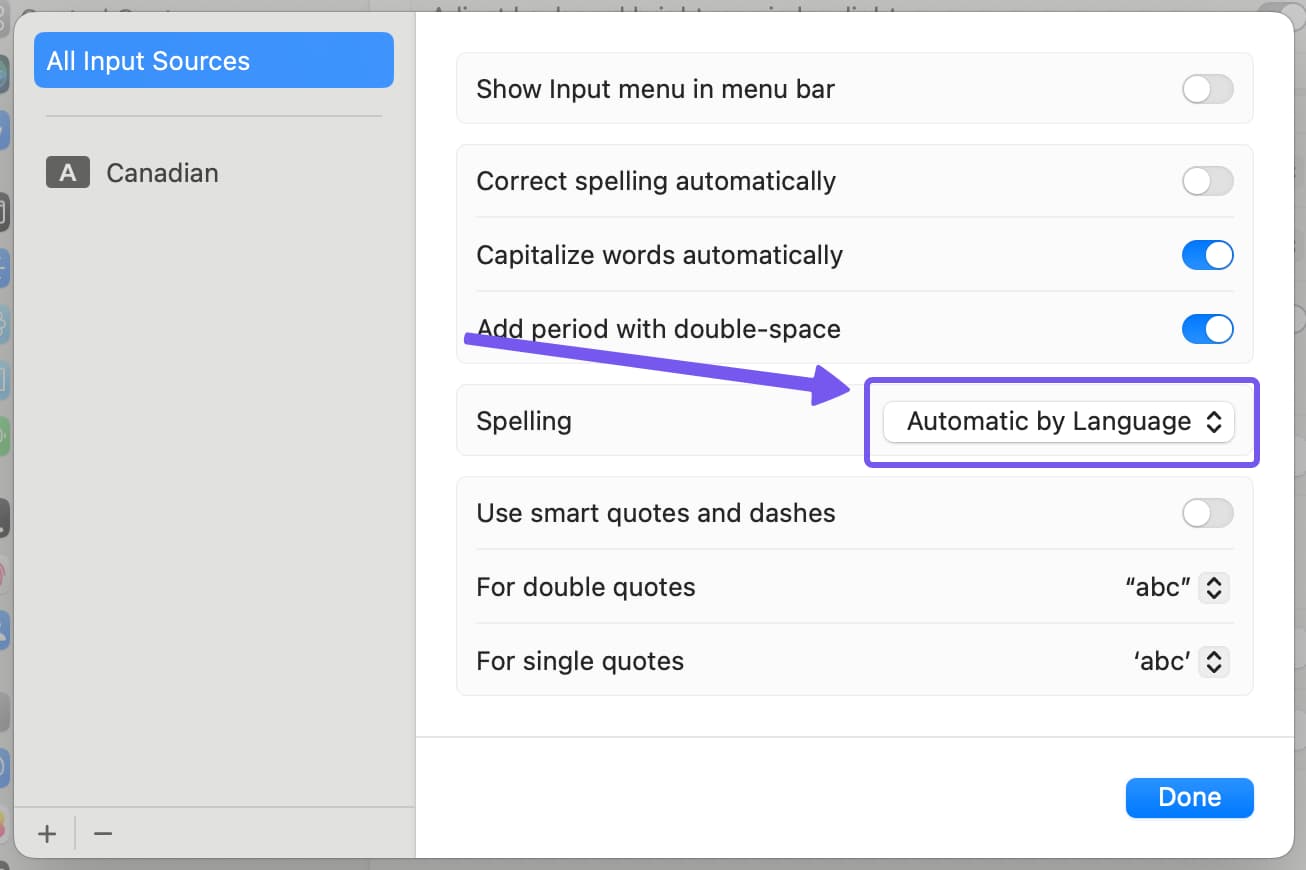 Image showing how to configure spell check language on macOS