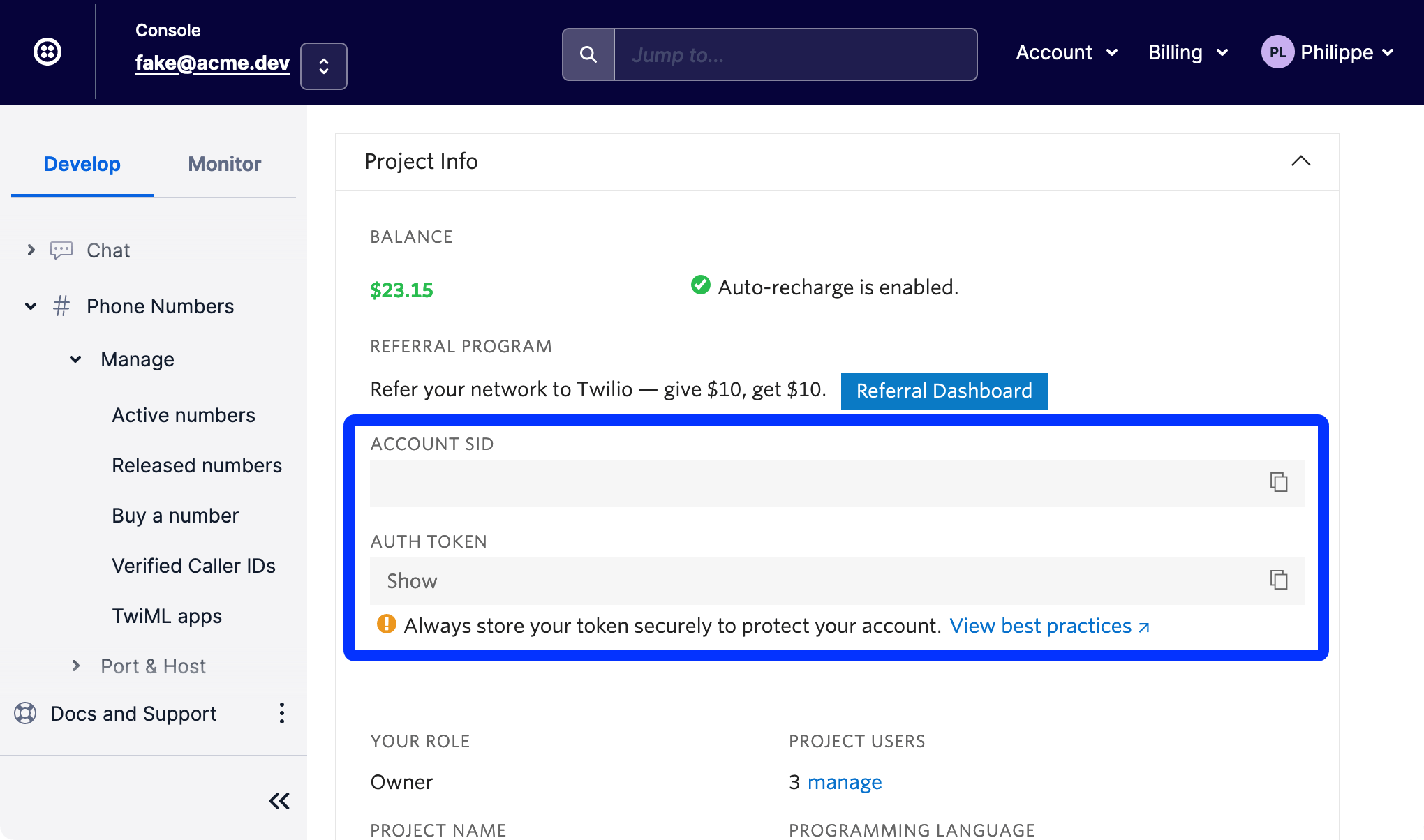 Image showing how to find your Twilio credentials