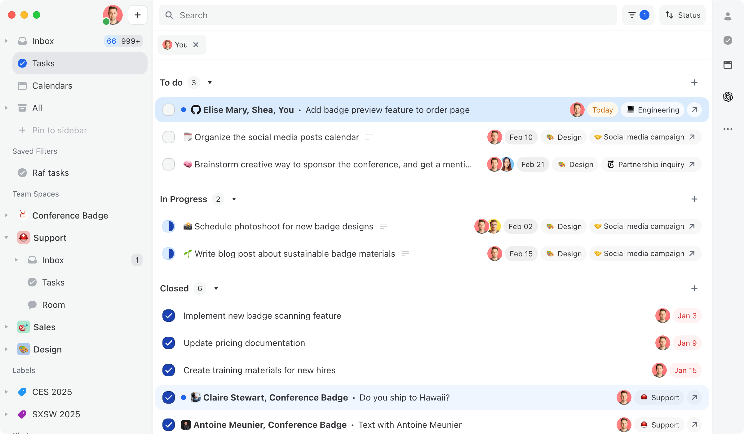 Tasks view showing conversations and individual tasks assigned to me