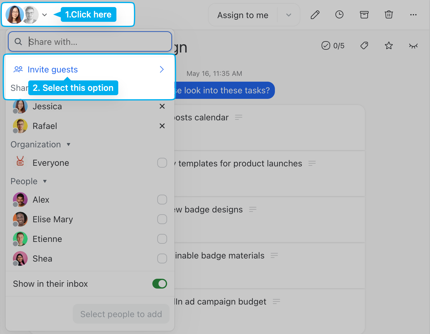 Missive's Share Access menu showing the Invite guests option