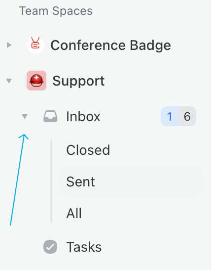 Screenshot showing how to open team sub-mailboxes (Closed, Sent & All)